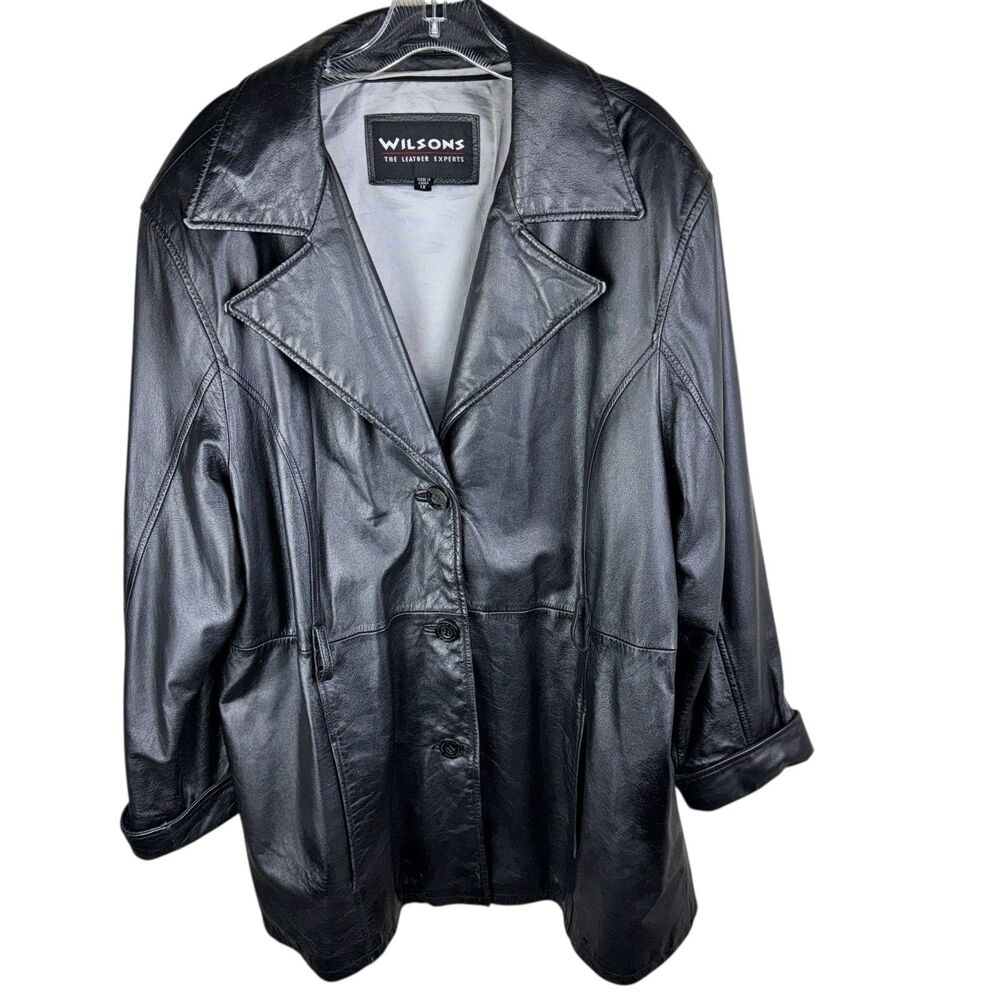 Wilsons Leather Jacket Womens 1X Black Belted Buttonβ Up Mid Length Coat Pockets